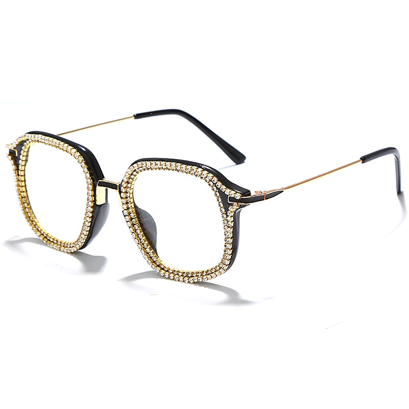 Calanovella Trendy Rhinestone Frame Retro Vintage Square Bling Glasses