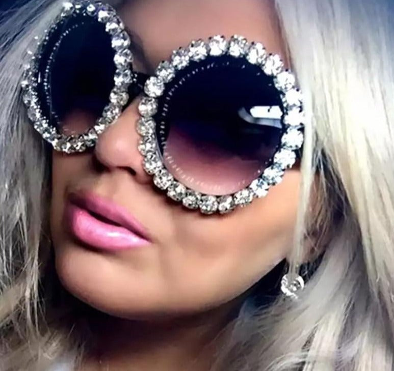 Calanovella Oversized Round Crystal Diamond Rhinestones Sunglasses