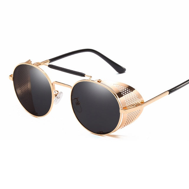 Calanovella Steampunk Round Sunglasses Gold Oval Round Eighties Retro Steampunk Sunglasses for Men Women Polarized with Metal Side Shields Oval Round Lens Wrap Around Sunglasses UV400 black,gold black,silver black,gold brown,brown,red,blue,silver 39.99 USD