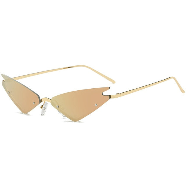 Calanovella Fancy Steampunk Cat Eye Funky Two Toned Rimless Small Punk Cat Eye Steampunk Sunglasses for Men Women 2020 Trendy Vintage Eighties Retro Mirror Small Punk Triangle Shades UV400 black,brown,tosca,purple,blue,green,red 34.99 USD