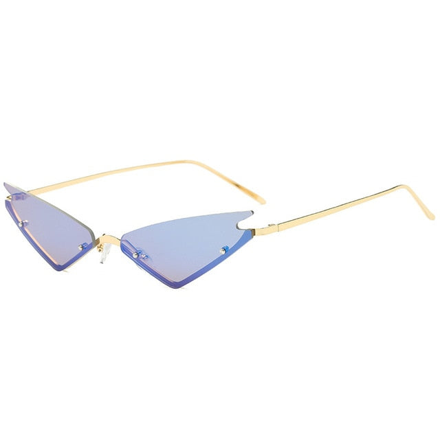 Calanovella Fancy Steampunk Cat Eye Funky Two Toned Rimless Small Punk Cat Eye Steampunk Sunglasses for Men Women 2020 Trendy Vintage Eighties Retro Mirror Small Punk Triangle Shades UV400 black,brown,tosca,purple,blue,green,red 34.99 USD