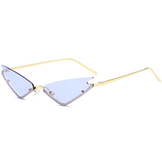 Calanovella Fancy Steampunk Cat Eye Funky Two Toned Rimless Small Punk Cat Eye Steampunk Sunglasses for Men Women 2020 Trendy Vintage Eighties Retro Mirror Small Punk Triangle Shades UV400 black,brown,tosca,purple,blue,green,red 34.99 USD