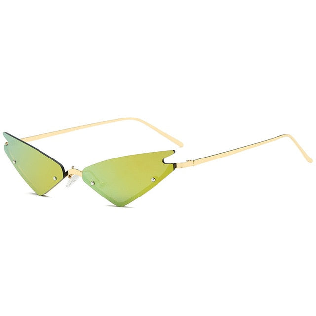 Calanovella Fancy Steampunk Cat Eye Funky Two Toned Rimless Small Punk Cat Eye Steampunk Sunglasses for Men Women 2020 Trendy Vintage Eighties Retro Mirror Small Punk Triangle Shades UV400 black,brown,tosca,purple,blue,green,red 34.99 USD