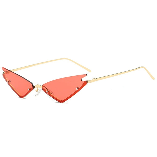 Calanovella Fancy Steampunk Cat Eye Funky Two Toned Rimless Small Punk Cat Eye Steampunk Sunglasses for Men Women 2020 Trendy Vintage Eighties Retro Mirror Small Punk Triangle Shades UV400 black,brown,tosca,purple,blue,green,red 34.99 USD