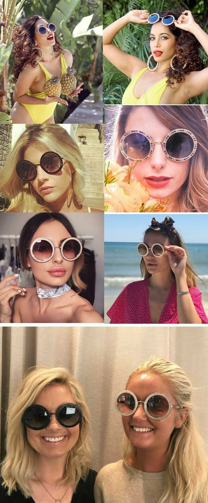 Calanovella Vintage Rhinestone Round Sunglasses Women Colorful Retro Crystal Circle 80s Sun Glasses
