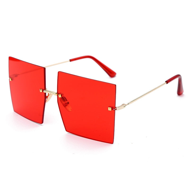 Calanovella Stylish Oversized Two Toned Rimless Square Sunglasses for Men Women Trendy Eighties Retro Square Red Brown Tinted Color Lenses Sun Glasses blue,pink,brown,orange,red,silver 34.99 USD