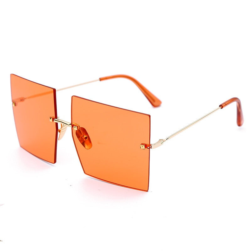 Calanovella Stylish Oversized Two Toned Rimless Square Sunglasses for Men Women Trendy Eighties Retro Square Red Brown Tinted Color Lenses Sun Glasses blue,pink,brown,orange,red,silver 34.99 USD