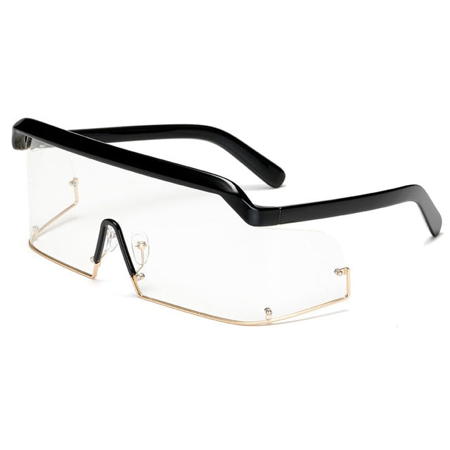 Calanovella Two Toned Rimless Square One Piece Fashionable Sunglasses for Men Women Large Frame Trendy Wide Cool Sunglasses black,green,brown,clear 39.99 USD