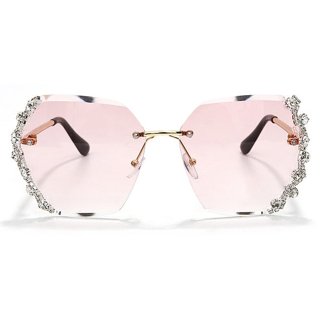 Calanovella Stylish Crystal Diamond Rhinestones Rimless Oversized Sunglasses