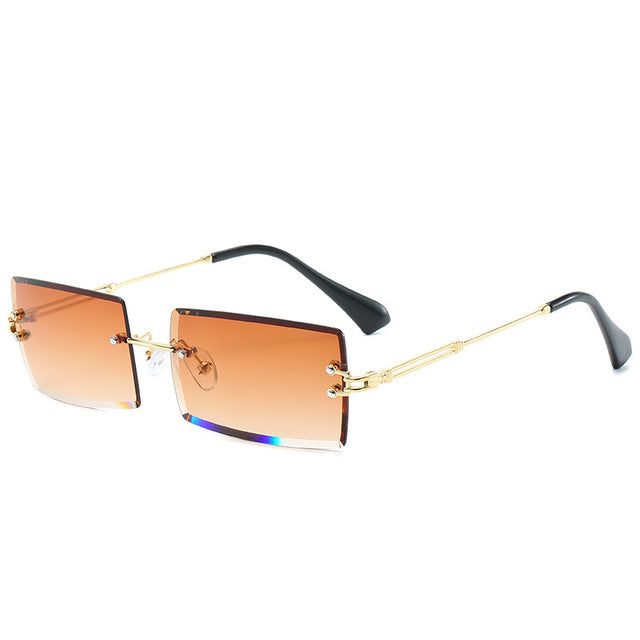 Calanovella Two Toned Rimless New Fashion Style Small Punk Rectangle Narrow Rectangular Polarized Sunglasses UV400 purple,blue,green,blue pink,brown,clear,pink 34.99 USD