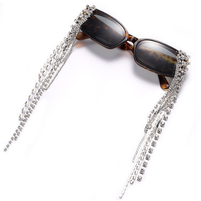 Calanovella Fancy Steampunk Diamond Glasses Funky Vintage Tassel Rhinestones Sunglasses for Men Women 2020 New Design Steampunk Diamond Sun Glasses UV400 red,blue,white,green,leopard,black,yellow,orange,brown 34.99 USD