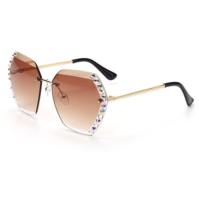 Calanovella New Crystal Rhinestones Rimless Sunglasses Women Luxury Hexagon Gradient Frameless Sun Glasses
