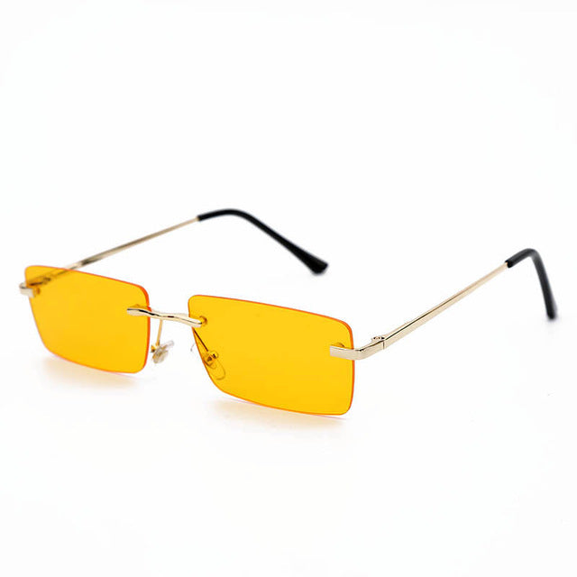 Calanovella Two Toned Rimless New Fashion Style Small Punk Rectangle Narrow Rectangular Tint Sunglasses UV400 yellow,orange,purple gray,purple pink,brown,black 34.99 USD