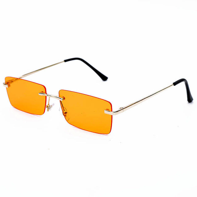 Calanovella Two Toned Rimless New Fashion Style Small Punk Rectangle Narrow Rectangular Tint Sunglasses UV400 yellow,orange,purple gray,purple pink,brown,black 34.99 USD