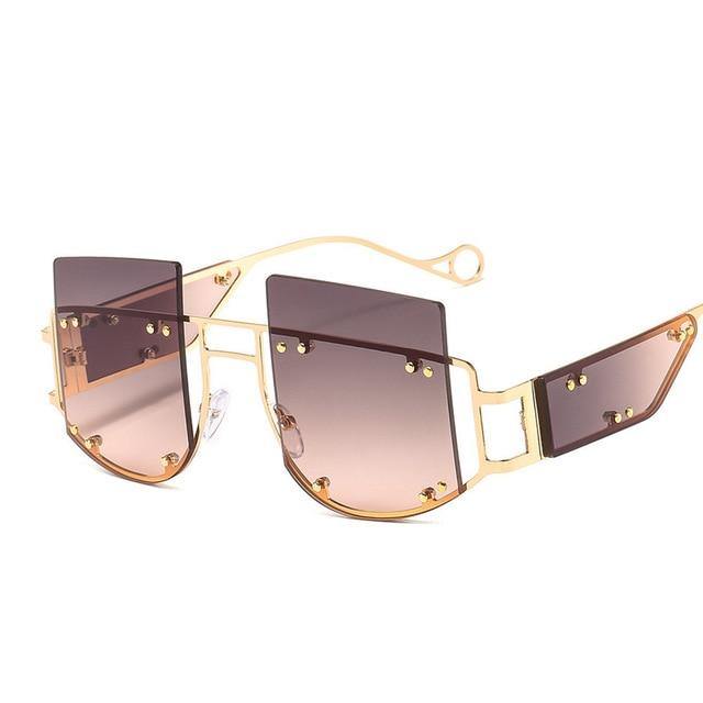 Calanovella Men Women Sunglasses Fashion Oversized Sunglasses Men Women’s Stylish Oversize Two Toned Rimless Decor Tinted Lens Gold Frame Style Stunning Gold Glasses High Fashion UV400 black,red,brown,yellow,light red,gradient gray,gradient brown,gold clear,gradient purple 39.99 USD