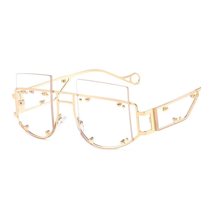 Calanovella Men Women Sunglasses Fashion Oversized Sunglasses Men Women’s Stylish Oversize Two Toned Rimless Decor Tinted Lens Gold Frame Style Stunning Gold Glasses High Fashion UV400 black,red,brown,yellow,light red,gradient gray,gradient brown,gold clear,gradient purple 39.99 USD