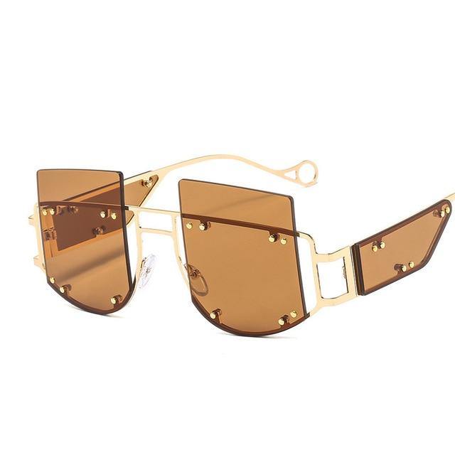 Calanovella Men Women Sunglasses Fashion Oversized Sunglasses Men Women’s Stylish Oversize Two Toned Rimless Decor Tinted Lens Gold Frame Style Stunning Gold Glasses High Fashion UV400 black,red,brown,yellow,light red,gradient gray,gradient brown,gold clear,gradient purple 39.99 USD