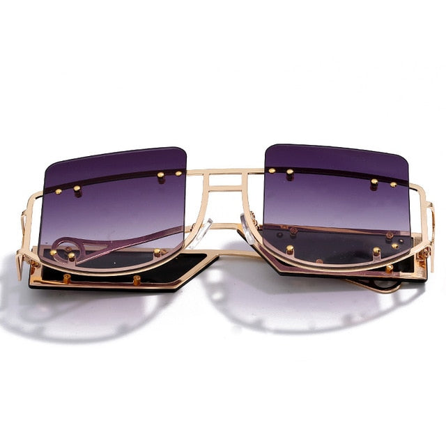 Calanovella Men Women Sunglasses Fashion Oversized Sunglasses Men Women’s Stylish Oversize Two Toned Rimless Decor Tinted Lens Gold Frame Style Stunning Gold Glasses High Fashion UV400 black,red,brown,yellow,light red,gradient gray,gradient brown,gold clear,gradient purple 39.99 USD