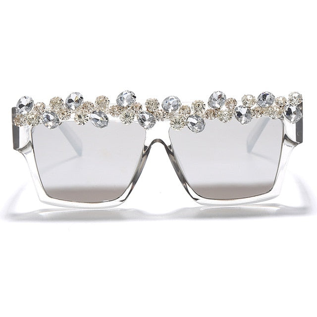 Calanovella Diamond Glasses Stylish Oversized Square Diamond Sunglasses for Men Women Fashionable Rhinestones One Piece Punk Sunglasses red,gray,leopard,black,blue,brown,silver 34.99 USD
