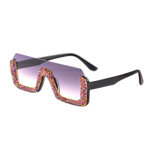 Calanovella Stylish Crystal Rhinestones Semi-Rimless Square Sunglasses UV400