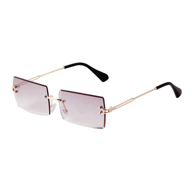 Calanovella Trendy Rectangle Two Toned Rimless Sunglasses for Men Women 2020 Design Metal Frame 90s Lens Lightly Tinted Sun Glasses purple,black,champagne,pink,blue,blue pink 39.99 USD