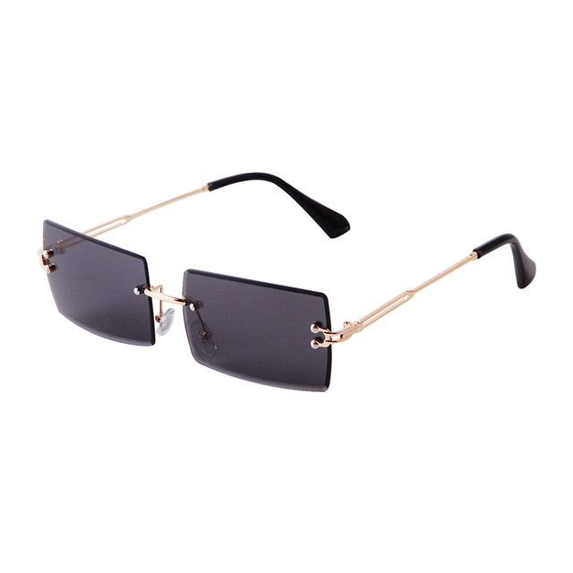 Calanovella Trendy Rectangle Two Toned Rimless Sunglasses for Men Women 2020 Design Metal Frame 90s Lens Lightly Tinted Sun Glasses purple,black,champagne,pink,blue,blue pink 39.99 USD