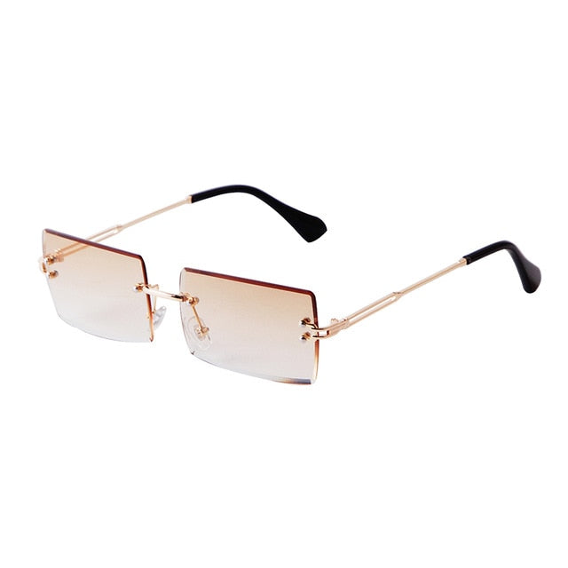 Calanovella Trendy Rectangle Two Toned Rimless Sunglasses for Men Women 2020 Design Metal Frame 90s Lens Lightly Tinted Sun Glasses purple,black,champagne,pink,blue,blue pink 39.99 USD