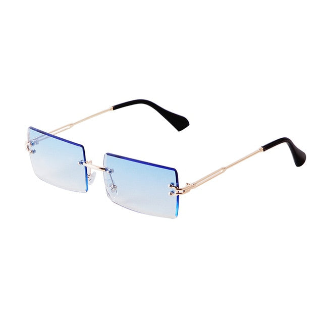 Calanovella Trendy Rectangle Two Toned Rimless Sunglasses for Men Women 2020 Design Metal Frame 90s Lens Lightly Tinted Sun Glasses purple,black,champagne,pink,blue,blue pink 39.99 USD