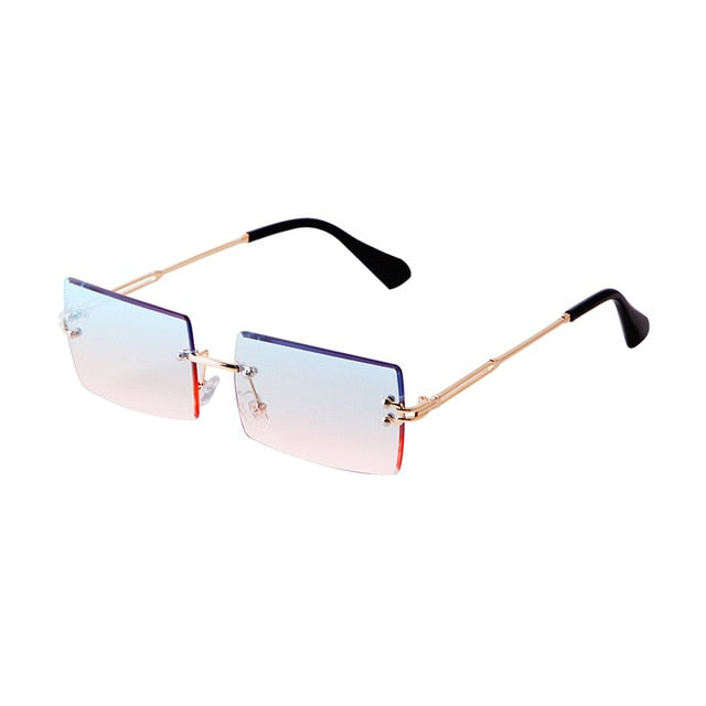 Calanovella Trendy Rectangle Two Toned Rimless Sunglasses for Men Women 2020 Design Metal Frame 90s Lens Lightly Tinted Sun Glasses purple,black,champagne,pink,blue,blue pink 39.99 USD