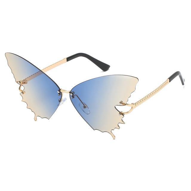 Calanovella Fancy Cat Eye Funky Trendy Butterfly Two Toned Rimless Sunglasses for Men Women 2020 Cat Eye Big Oversized Sun Glasses UV400 gray,red,purple,blue,blue yellow 39.99 USD