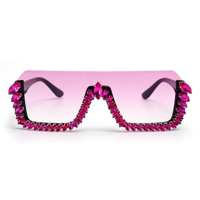 Calanovella Trendy Oversized Square Semi-Rimless Crystal Rhinestones Sunglasses
