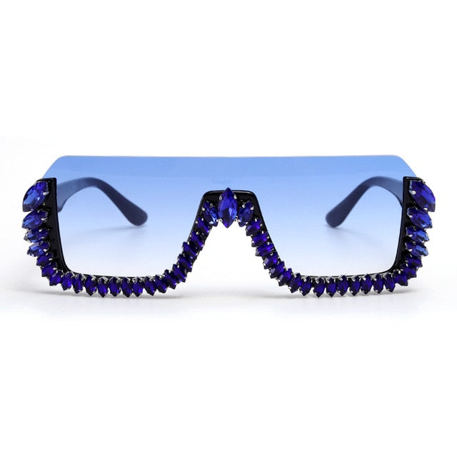 Calanovella Trendy Oversized Square Semi-Rimless Crystal Rhinestones Sunglasses