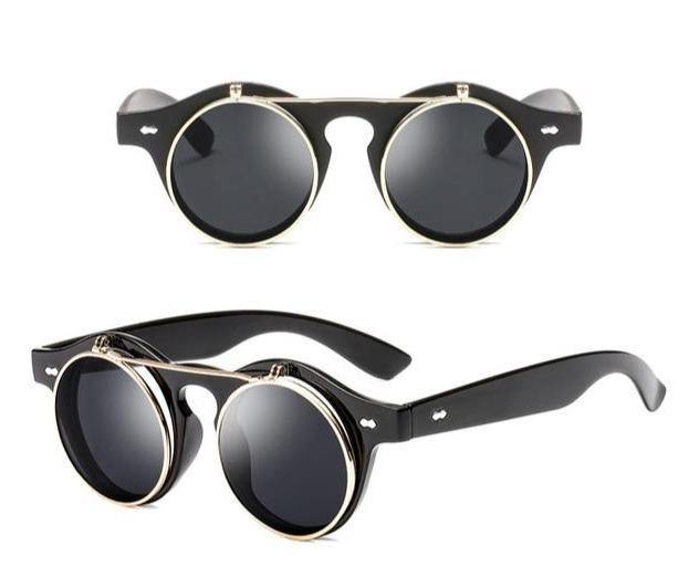 Calanovella Round Clip on Sunglasses Fashion Vintage Steampunk Flip Up Men Classic Clamshell Design Sun Glasses - Calanovella.com