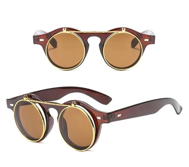 Calanovella Steampunk Round Sunglasses Cool Oval Round Flip Up Sunglasses for Men Classic Clamshell Design Fashionable Vintage Clip On Oval Round Steampunk Men’s Sunglasses UV400 black,brown,pink,yellow,leopard,red 34.99 USD