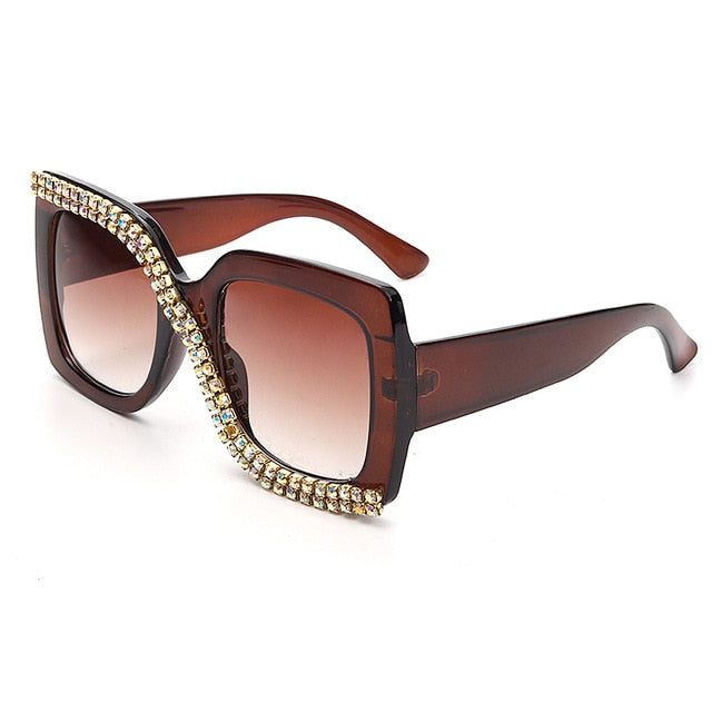 Calanovella Stylish Crystal Diamond Rhinestones Oversized Square Sunglasses UV400
