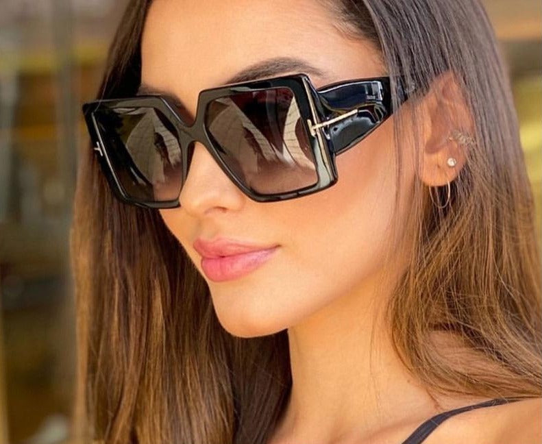 Calanovella Classic Oversized Square Sunglasses New Fashion Black Champagne