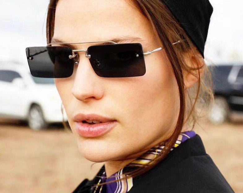 Calanovella Vintage Rectangular Sunglasses Women Brand Designer Narrow Rectangle Rimless Gold Frame 90s Sun Glasses Shades Female
