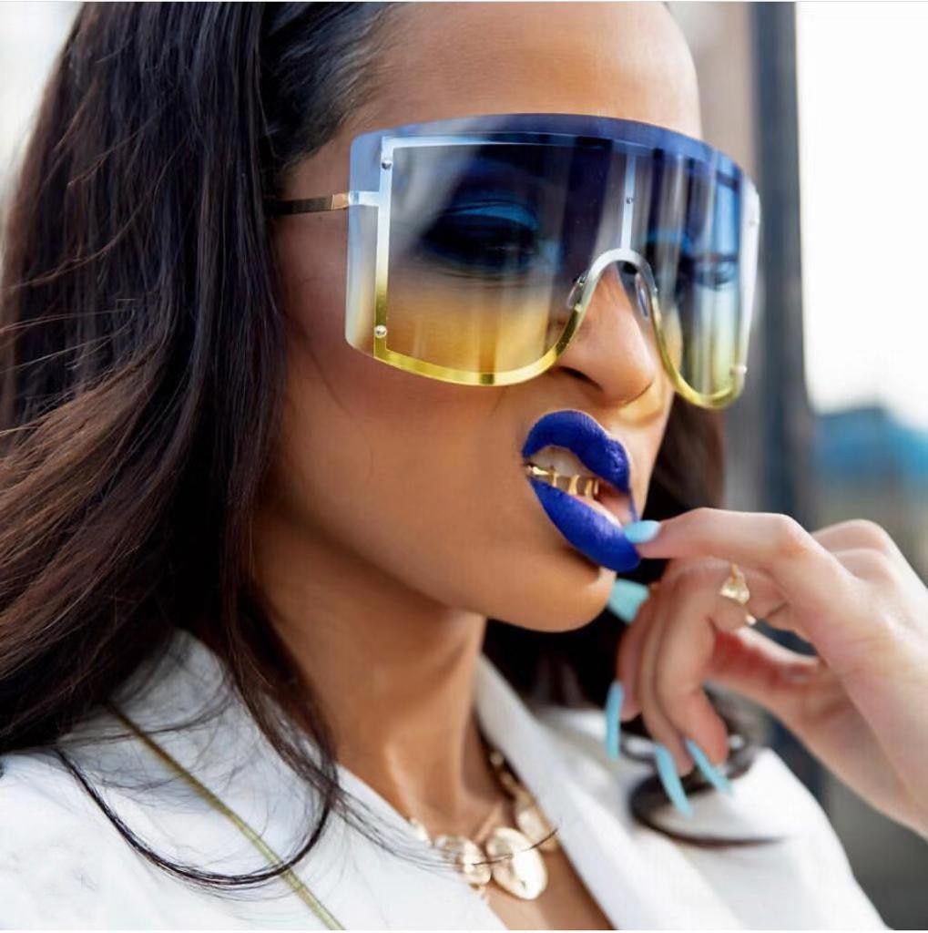 Calanovella Oversized Blue Yellow Gradient Sunglasses Fashion Rimless Metal Shades Designer Personality Eyewear