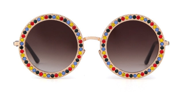 Calanovella Vintage Rhinestone Round Sunglasses Women Colorful Retro Crystal Circle 80s Sun Glasses
