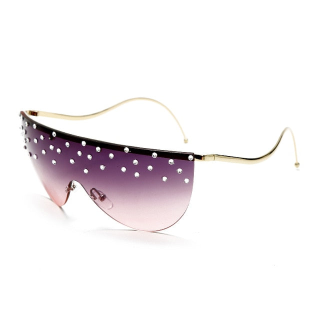 Calanovella Stylish Oversized Rimless One Piece Crystal Rhinestones Sunglasses UV400