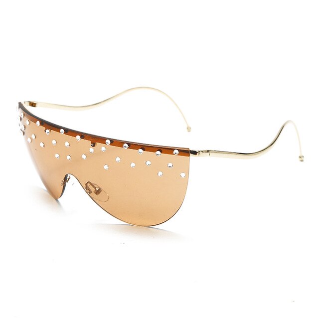 Calanovella Stylish Oversized Rimless One Piece Crystal Rhinestones Sunglasses UV400