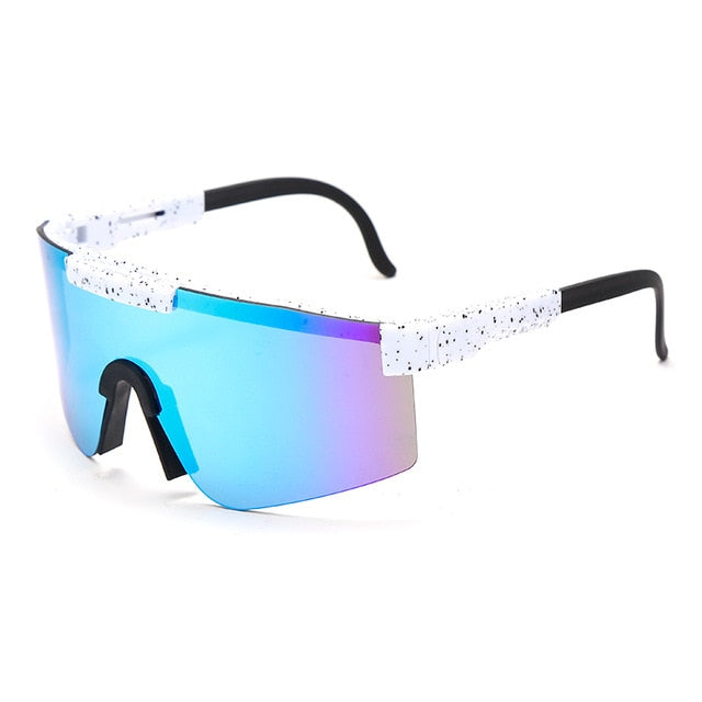 Calanovella Flat Top Goggle Sun Glasses Women Men Blue Frame Mirrored