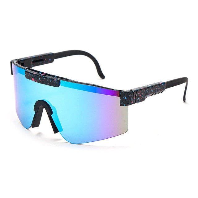 Calanovella Flat Top Goggle Sun Glasses Women Men Blue Frame Mirrored