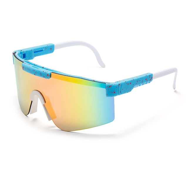 Calanovella Flat Top Goggle Sun Glasses Women Men Blue Frame Mirrored