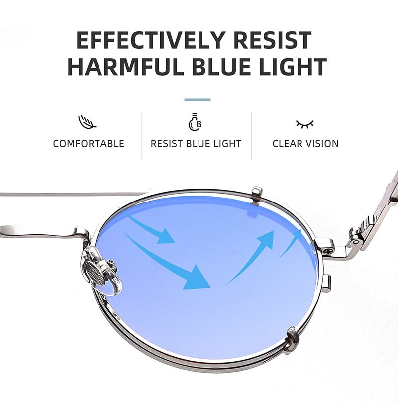 Calanovella Fashion Polarized Round Steampunk Sunglasses Removable Flip Up Clip On Anti-Blue Light Optical Glasses Frame