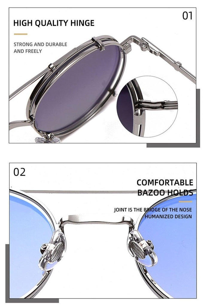 Calanovella Fashion Polarized Round Steampunk Sunglasses Removable Flip Up Clip On Anti-Blue Light Optical Glasses Frame