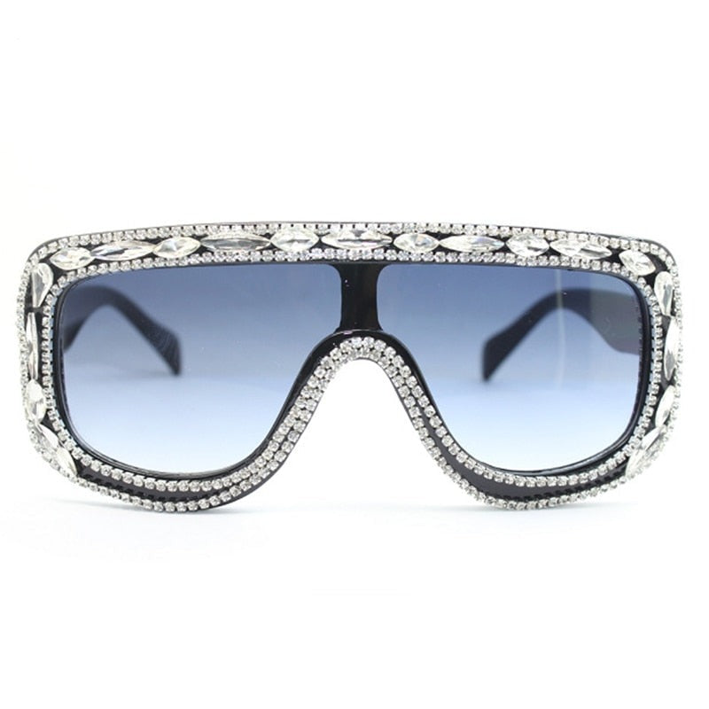 Calanovella Oversized One Piece Sunglasses Women Crystal Flat Sun Glasses Men UV400 Punk Rhinestone Handmade Eyewear Gafas De Sol